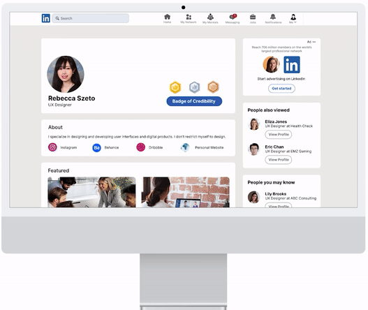Animated LinkedIn prototype showing Badge of Credibility on mentor profile