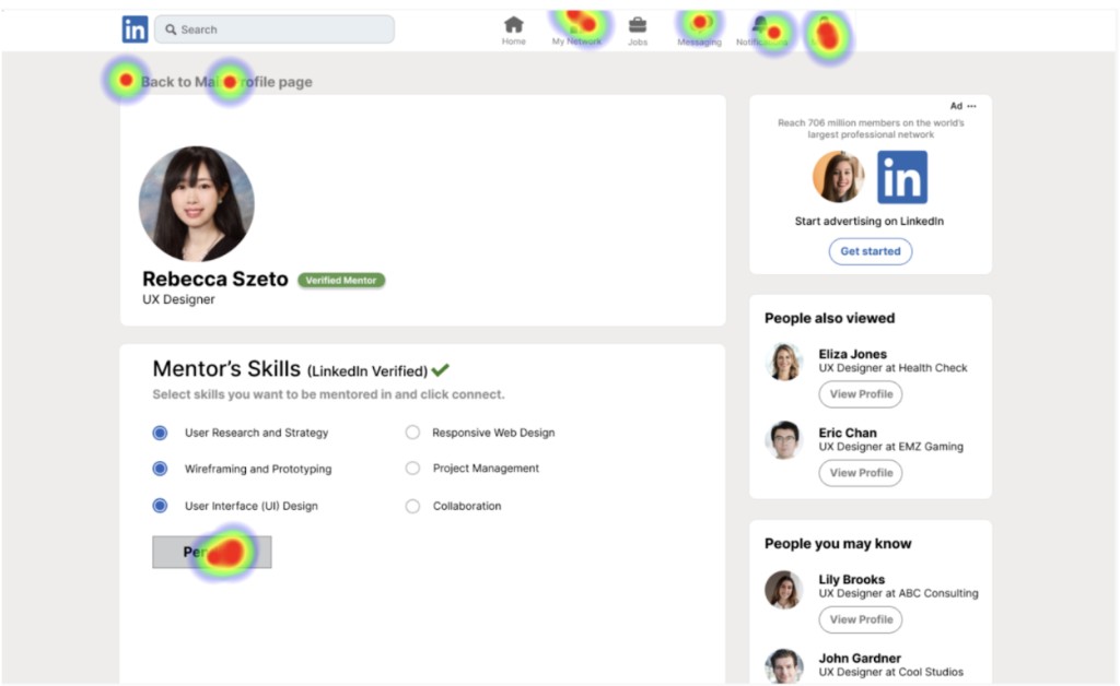 Heatmap of mentor skills selection page showing hotspots on My Network, Me, and Connect with mentor