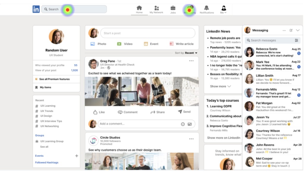 Heatmap of LinkedIn home feed showing hotspots on search bar and Messaging in the navigation