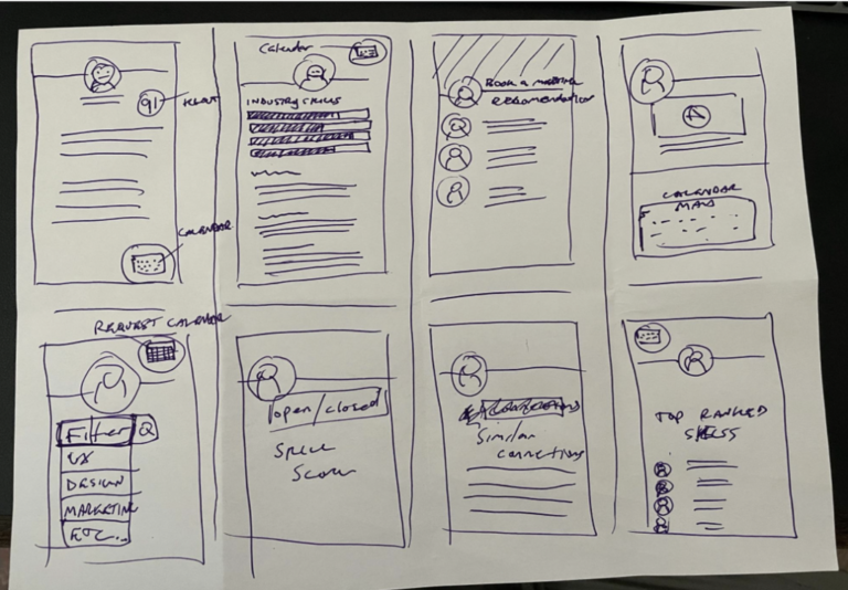 Group member Crazy 8 sketches showing mobile wireframe concepts