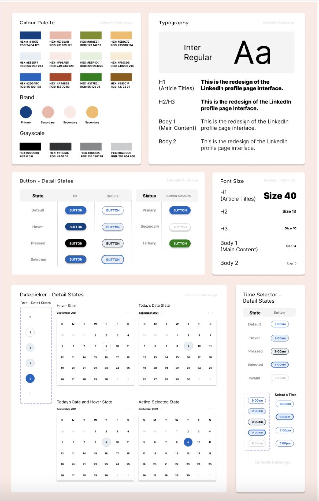 Design style guide showing colour palette, typography, button states, font sizes, datepicker states, and time selector states