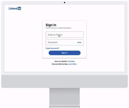 Final Login and Search screen showing LinkedIn sign in with Discover Mentorship learn more entry point