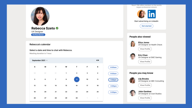 Access to Calendar high-fidelity mockup showing date and time selection for mentor meeting