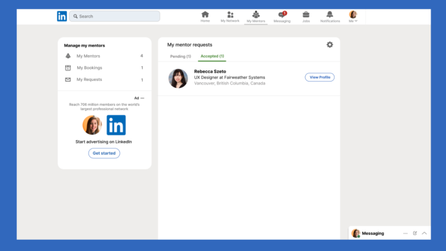 Vetting System high-fidelity mockup showing connect request accepted page with mentor requests
