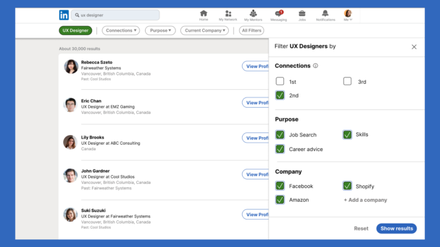 Login and Search high-fidelity mockup showing UX designer search results with filters sidebar