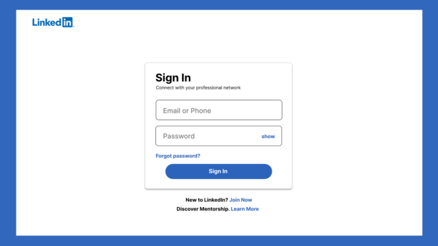 Login and Search high-fidelity mockup showing the LinkedIn sign in page