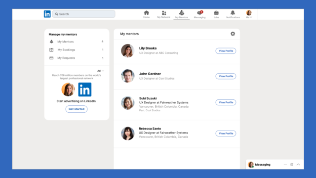 Video Chat System high-fidelity mockup showing manage mentors page with mentor list
