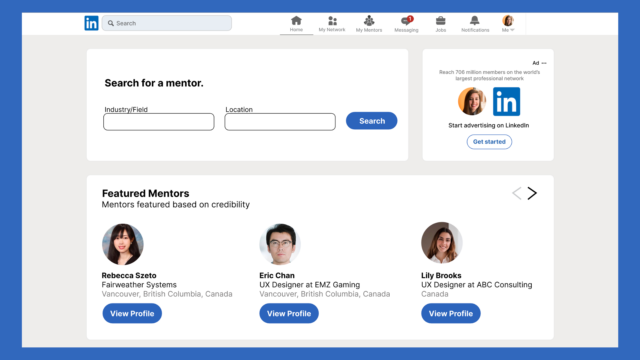 Login and Search high-fidelity mockup showing search for a mentor page with featured mentors