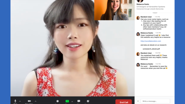 Video Chat System high-fidelity mockup showing in-call video interface and meeting chat sidebar