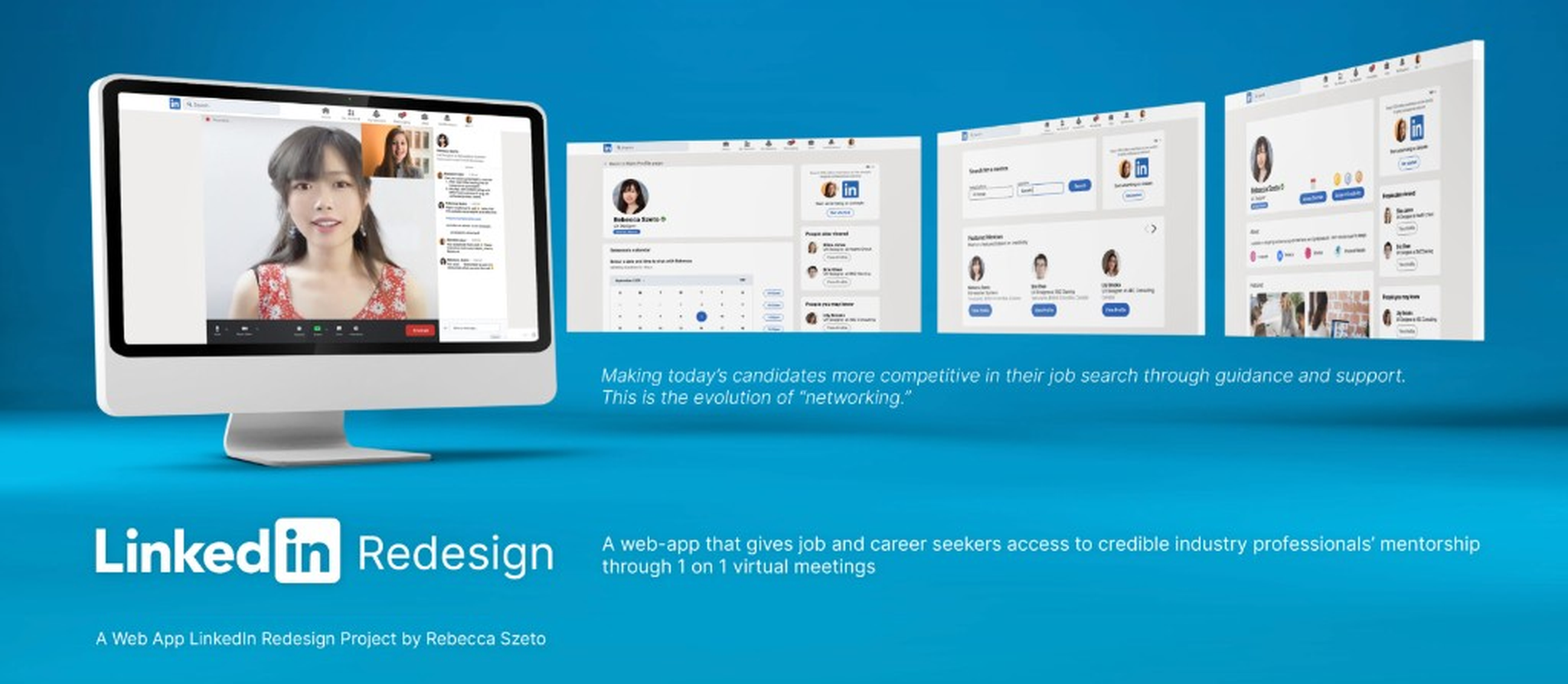 LinkedIn Mentorship redesign showcase with desktop video call and floating web app screens