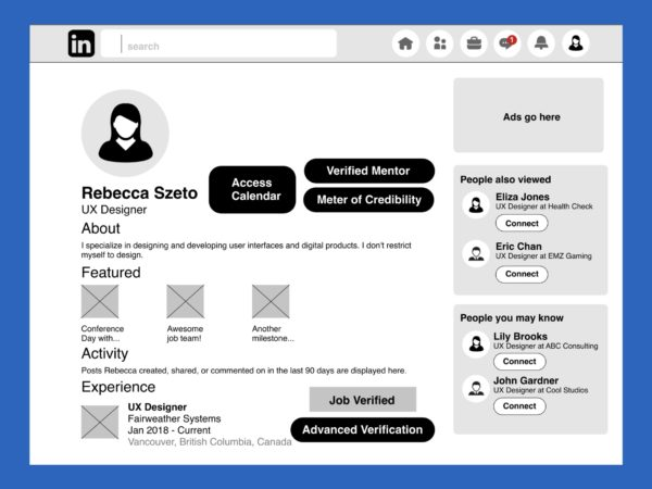 Access to Calendar mid-fidelity wireframe showing mentor profile with access calendar action