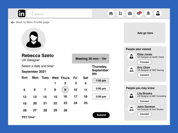 Access to Calendar mid-fidelity wireframe showing date and time selection for mentor meeting