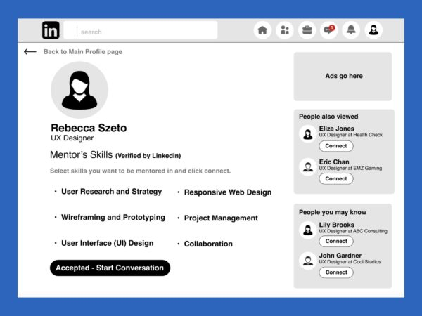 Vetting System mid-fidelity wireframe showing accepted connect request and start conversation action