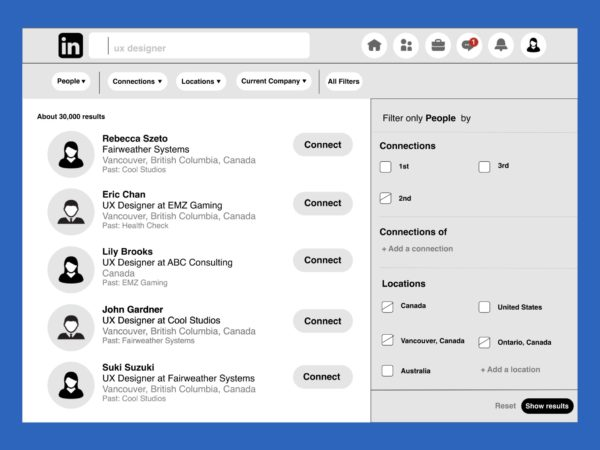 Login and Search mid-fidelity wireframe showing search results with people filters sidebar