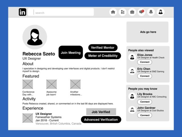 Video Chat System mid-fidelity wireframe showing mentor profile with join meeting action