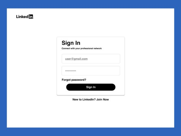 Login and Search mid-fidelity wireframe showing the LinkedIn sign in frame
