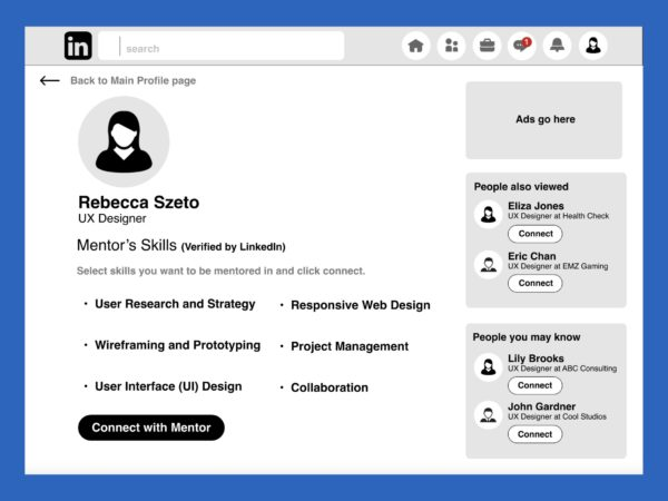 Vetting System mid-fidelity wireframe showing mentor skills selection and connect action