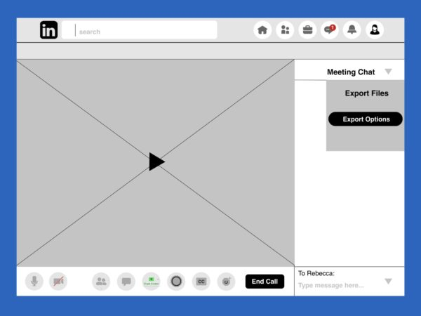 Video Chat System mid-fidelity wireframe showing in-call video interface and meeting chat sidebar