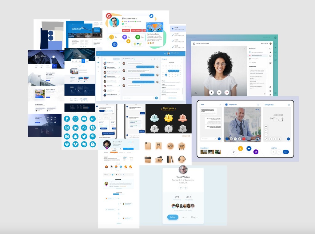 Moodboard collage of UI design references for color palette and visual style inspiration