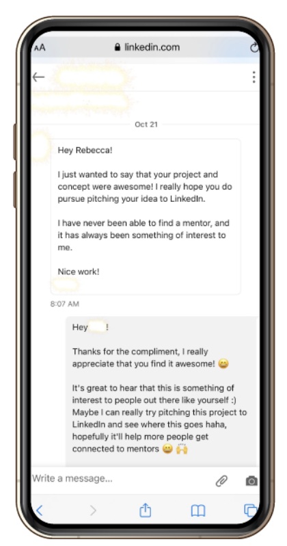 LinkedIn message praising the mentorship project concept