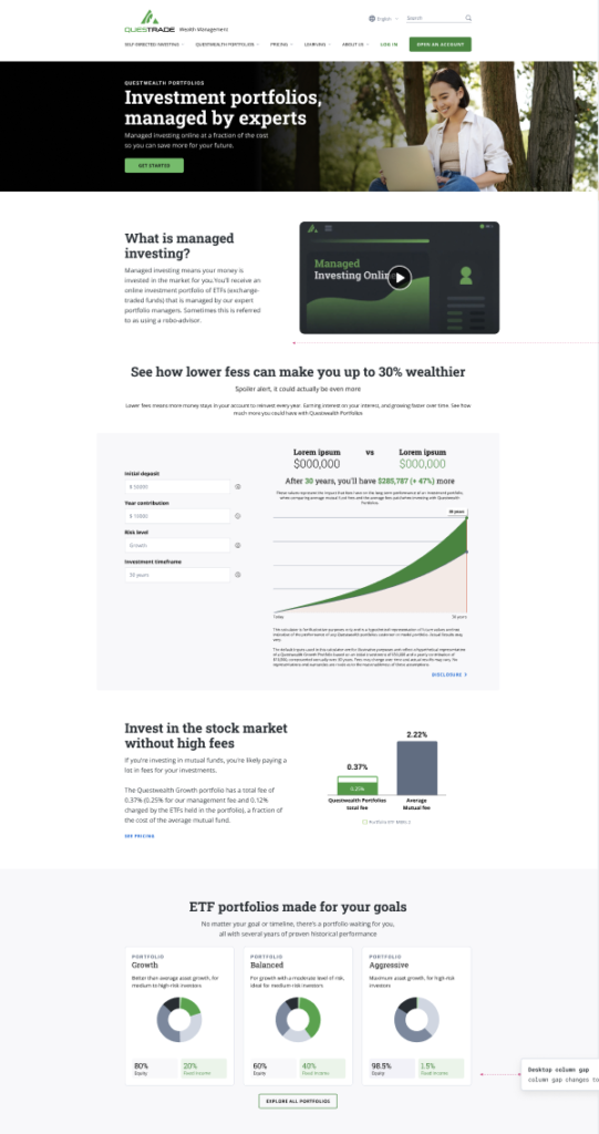 Desktop and tablet UX wireframes for the redesigned QWP page