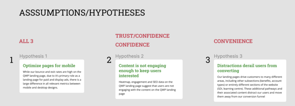 Three hypotheses for improving the QWP product page