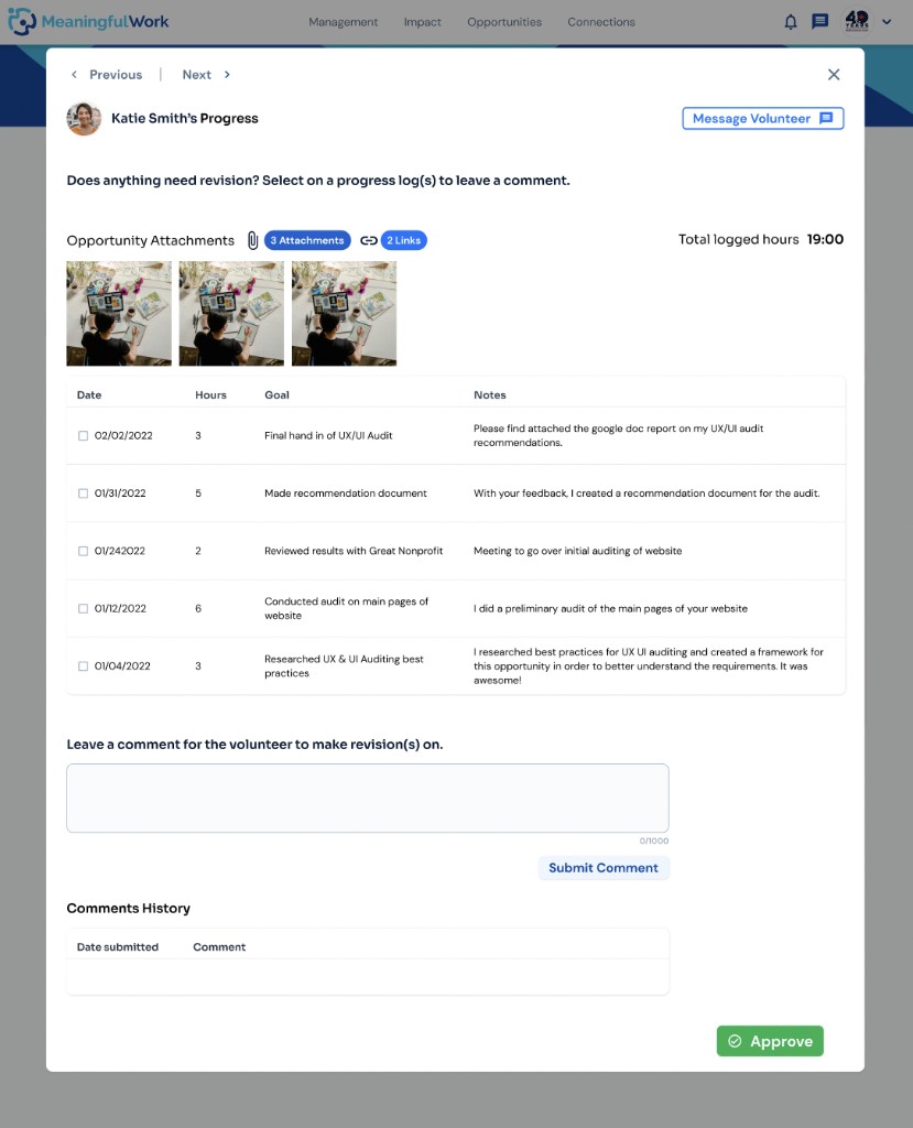 Katie Smith's Progress modal with Opportunity Attachments pills expanded to show three attached image thumbnails and two links