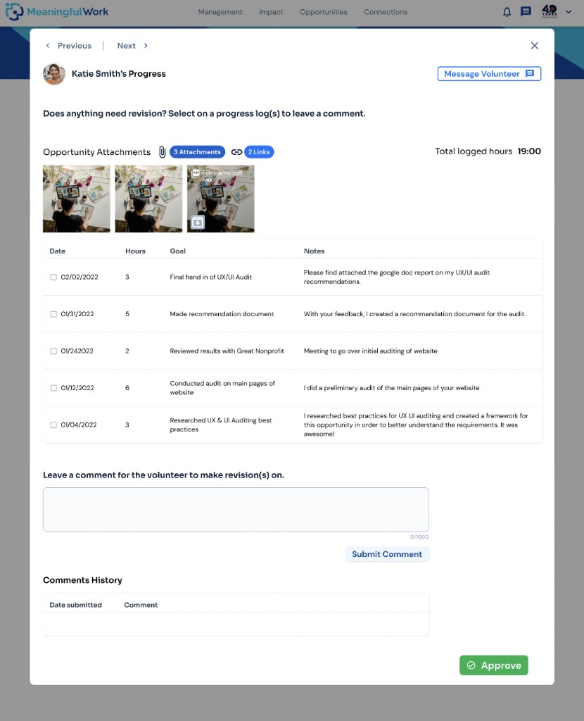 Opportunity Attachments thumbnail hover state showing File name.pdf, 2 MB, and a download icon