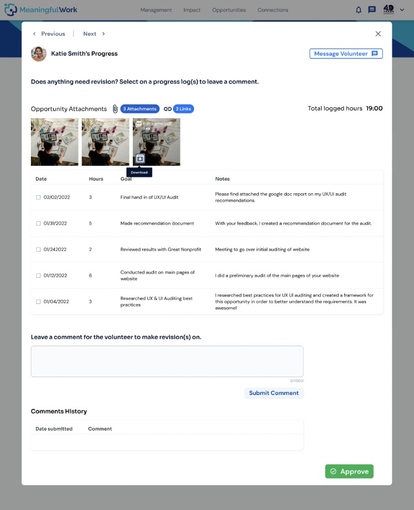 Opportunity Attachments thumbnail with download icon hover tooltip reading Download