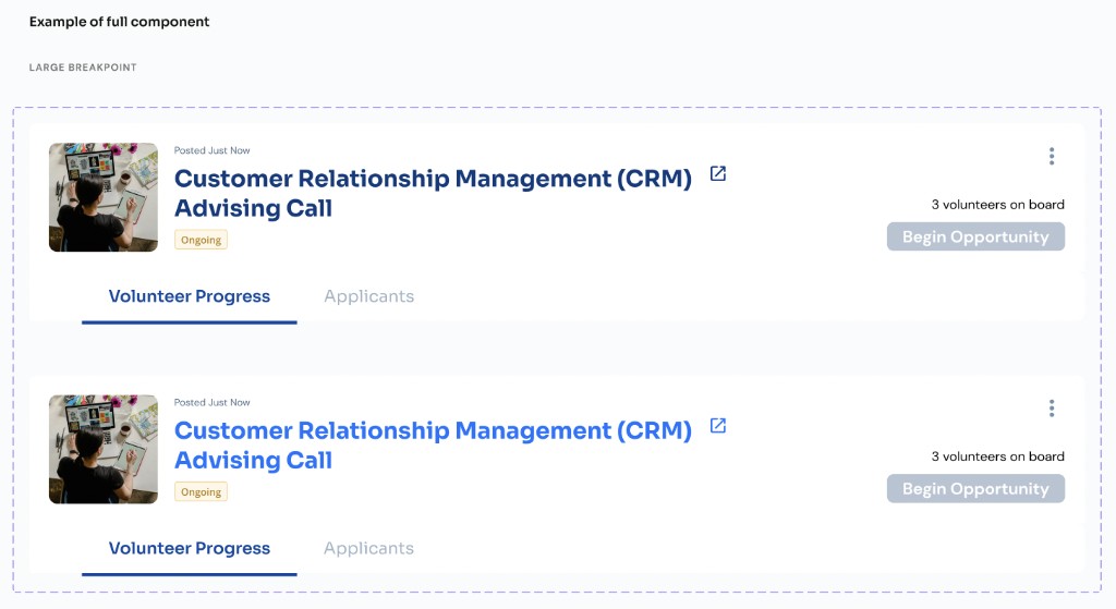 Componentized Opportunity Dashboard header showing interchangeable opportunity status, Begin Opportunity button, and Volunteer Progress and Applicants tabs at large breakpoint