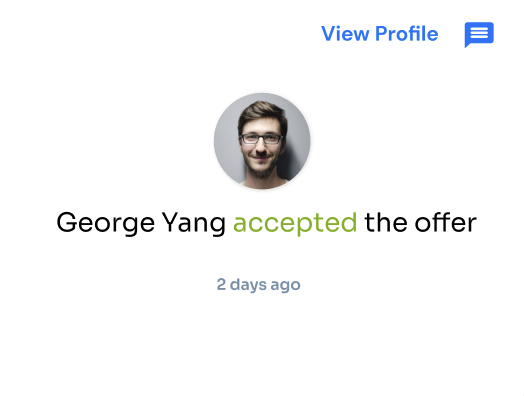 Volunteer application card showing George Yang accepted the offer with View Profile and message actions