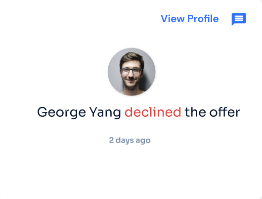 Volunteer application card showing George Yang declined the offer with View Profile and message actions