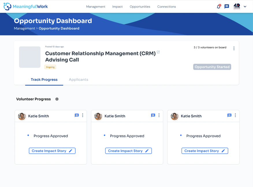 Meaningful Work Track Progress tab with Progress Approved status and Create Impact Story action for volunteers