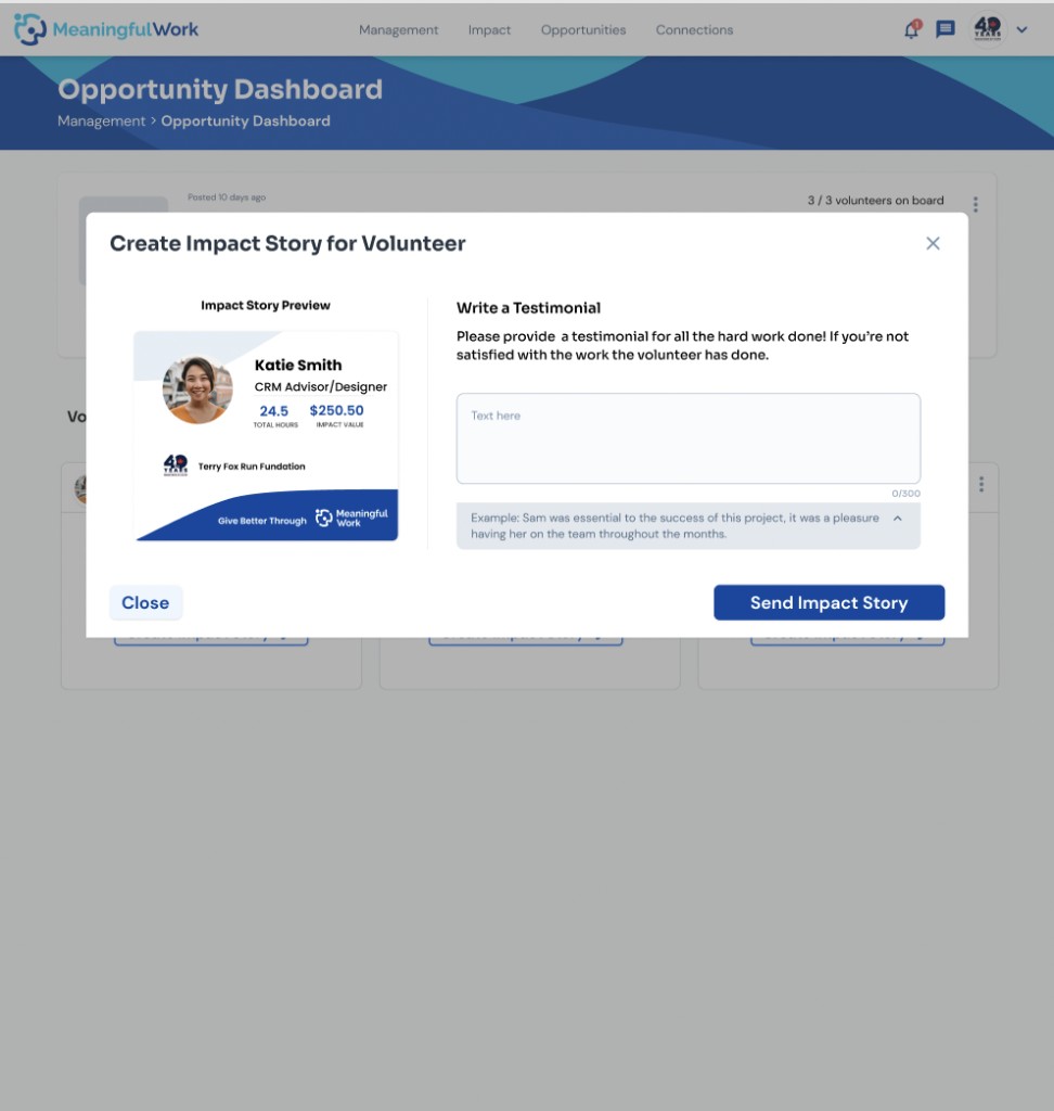 Create Impact Story modal with empty testimonial field and impact card preview showing only Katie Smith's hours and impact value
