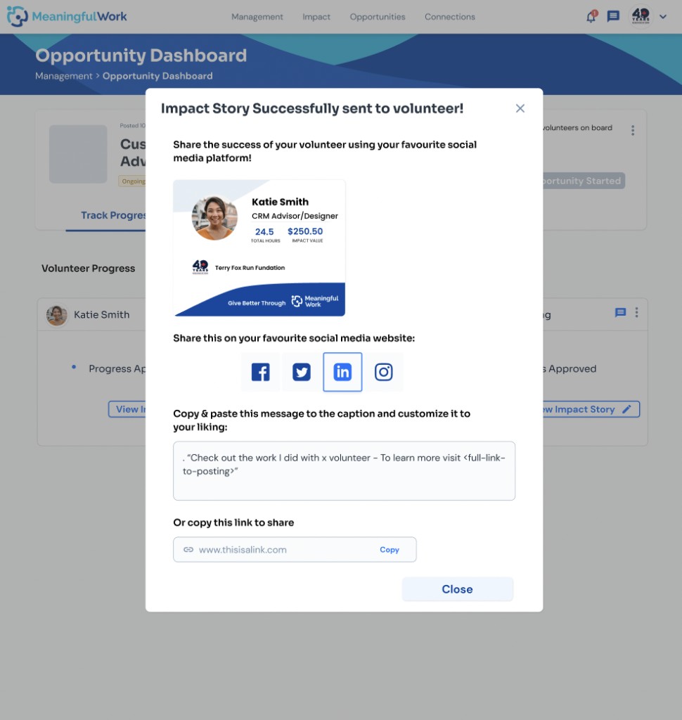 Success modal showing Katie Smith's impact card without testimonial and options to share on social media