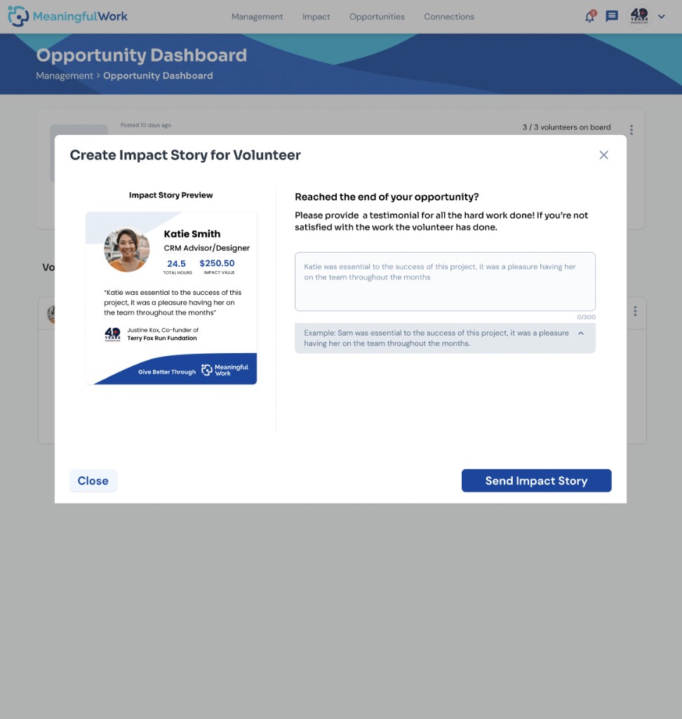 Create Impact Story modal with live preview showing Katie Smith's impact card updating as the nonprofit writes a testimonial in the input field