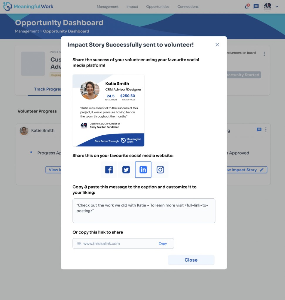 Success modal showing Katie Smith's impact card with testimonial and options to share on Facebook, Twitter, LinkedIn, and Instagram