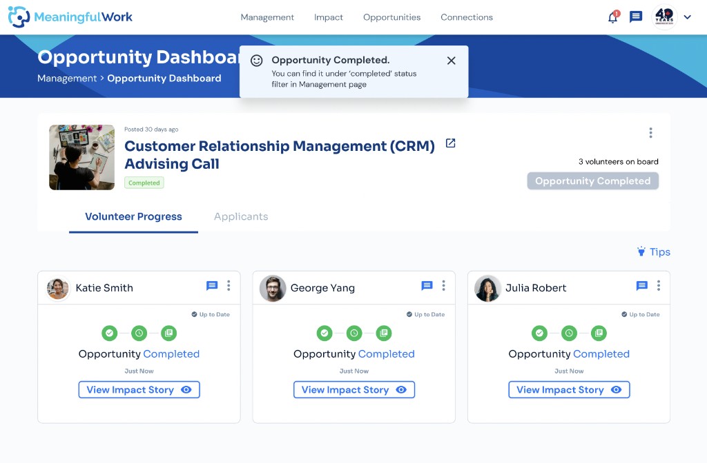 Opportunity Dashboard showing Opportunity Completed toast notification and all volunteers marked completed with View Impact Story actions