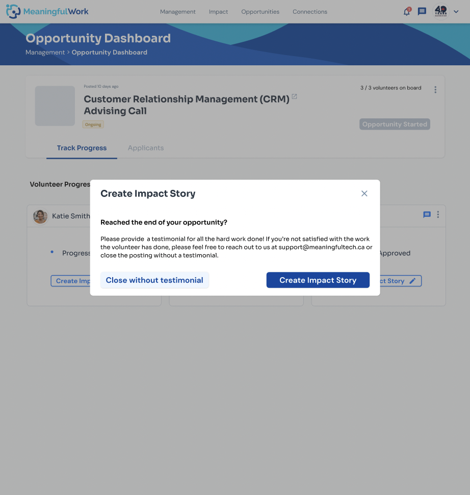 Create Impact Story modal on the Opportunity Dashboard prompting the nonprofit to write a testimonial or close without one after progress is approved