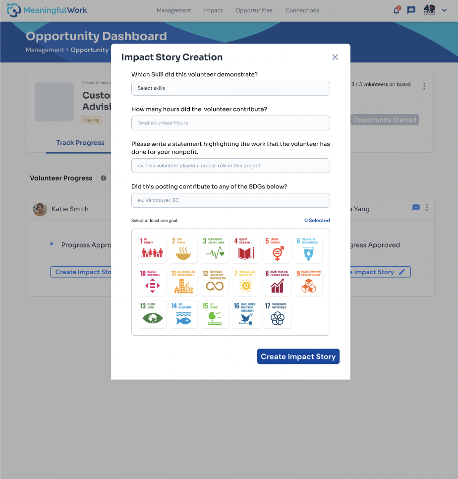 Impact Story Creation form modal with fields for skills, volunteer hours, testimonial statement, and SDG selection