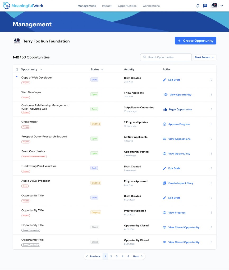 Management page table showing CRM Advising Call with 3 Applicants Onboarded and a Begin Opportunity action