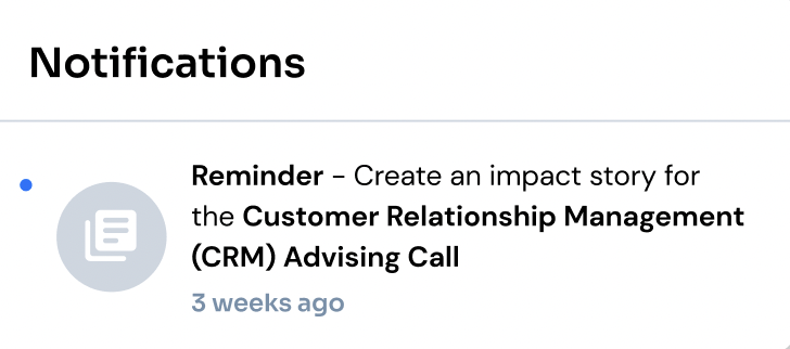 Notifications list showing a reminder to create an impact story for the Customer Relationship Management CRM Advising Call opportunity