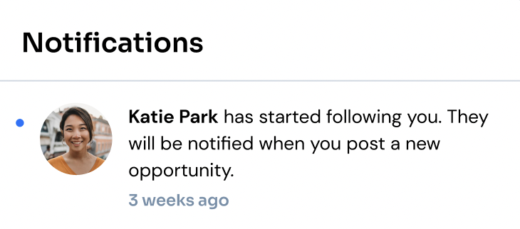 Notifications list showing Katie Park has started following the nonprofit and will be notified of new opportunities