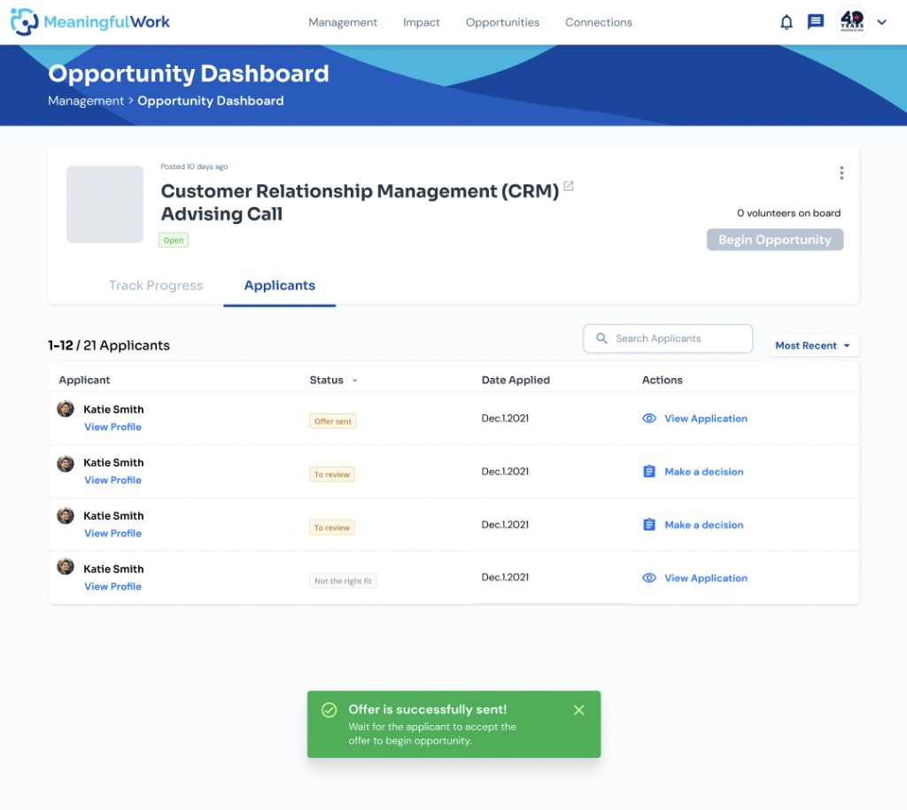 Meaningful Work Opportunity Dashboard showing Applicants tab with applicant statuses and offer actions