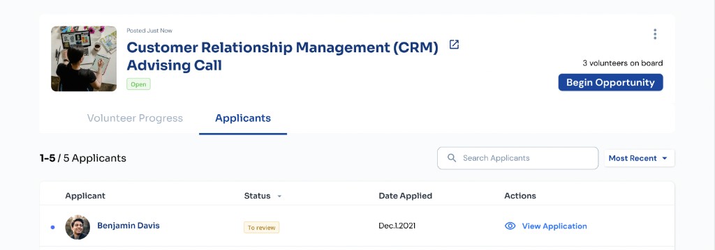 Opportunity Dashboard Applicants tab header showing 1-5 of 5 Applicants count aligned with table pagination