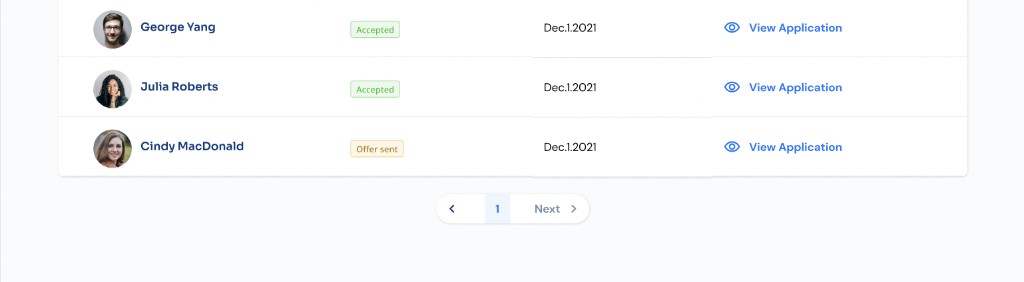 Applicants table showing Accepted and Offer sent statuses with pagination controls below