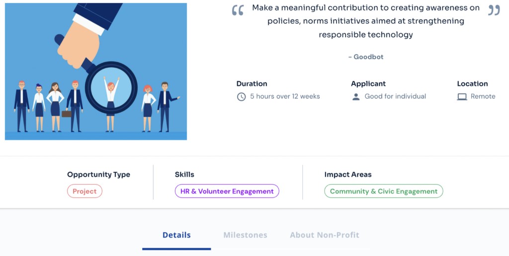 Opportunity details page showing opportunity type, skills, and impact area tags