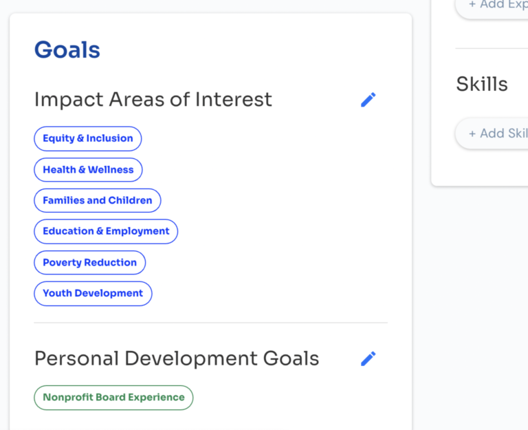 Volunteer profile Goals section showing impact areas of interest and personal development goals tags