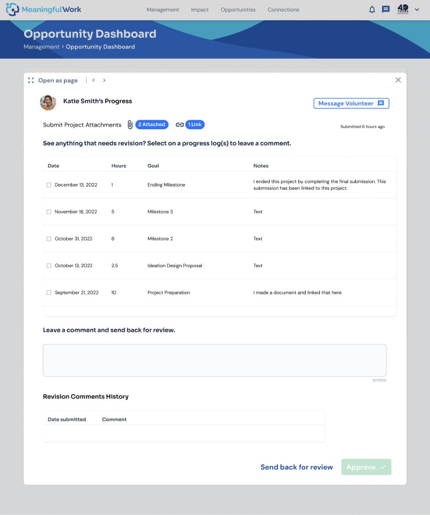 Katie Smith's Progress modal for user testing with progress log selection and comment box for send back for review