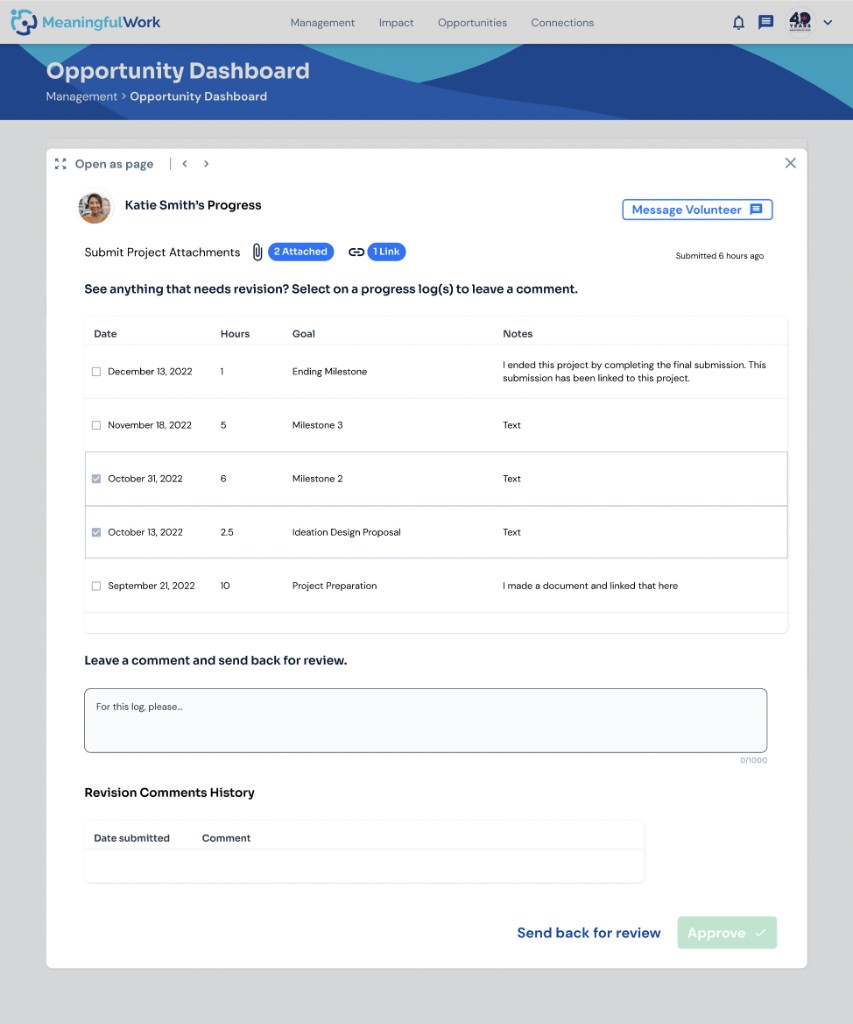 Katie Smith's Progress modal with selected logs outlined and feedback entered in the comment box